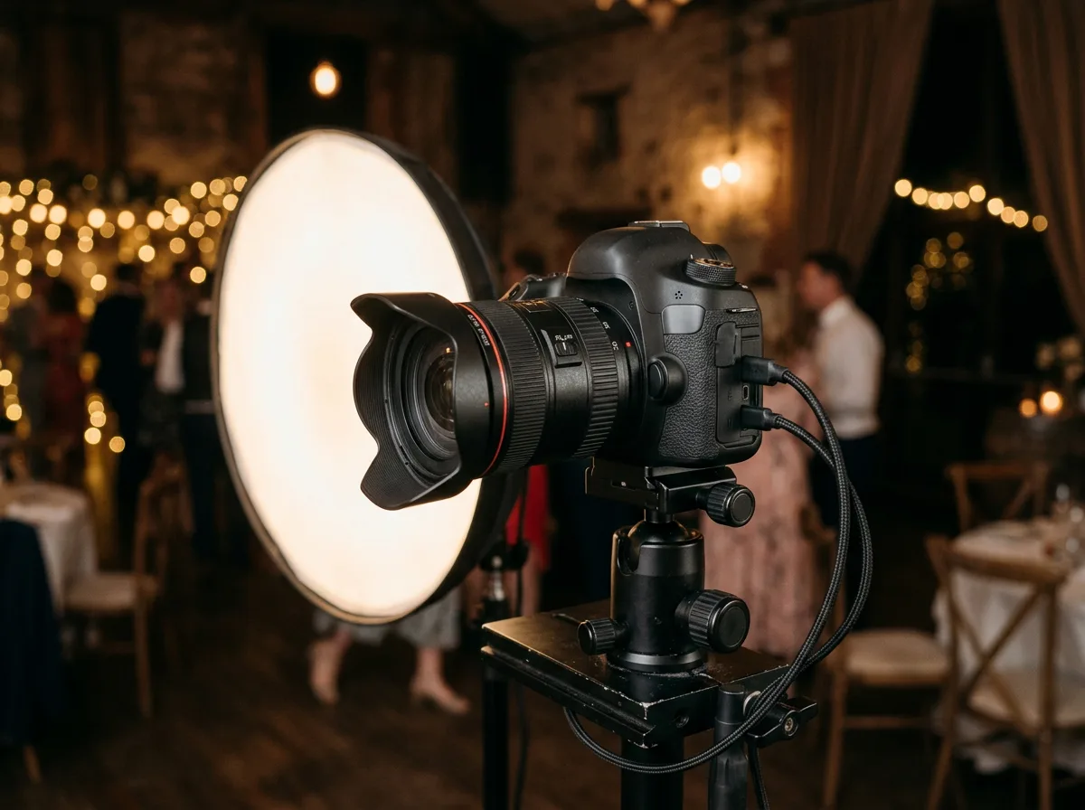 DSLR camera with a zoom lens on a photo booth stand next to a round softbox