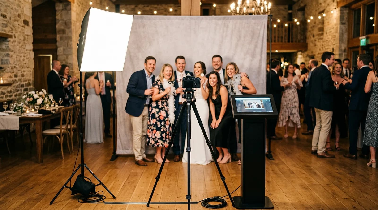 DSLR photo booth on a tripod with a softbox and touchscreen kiosk at a wedding reception