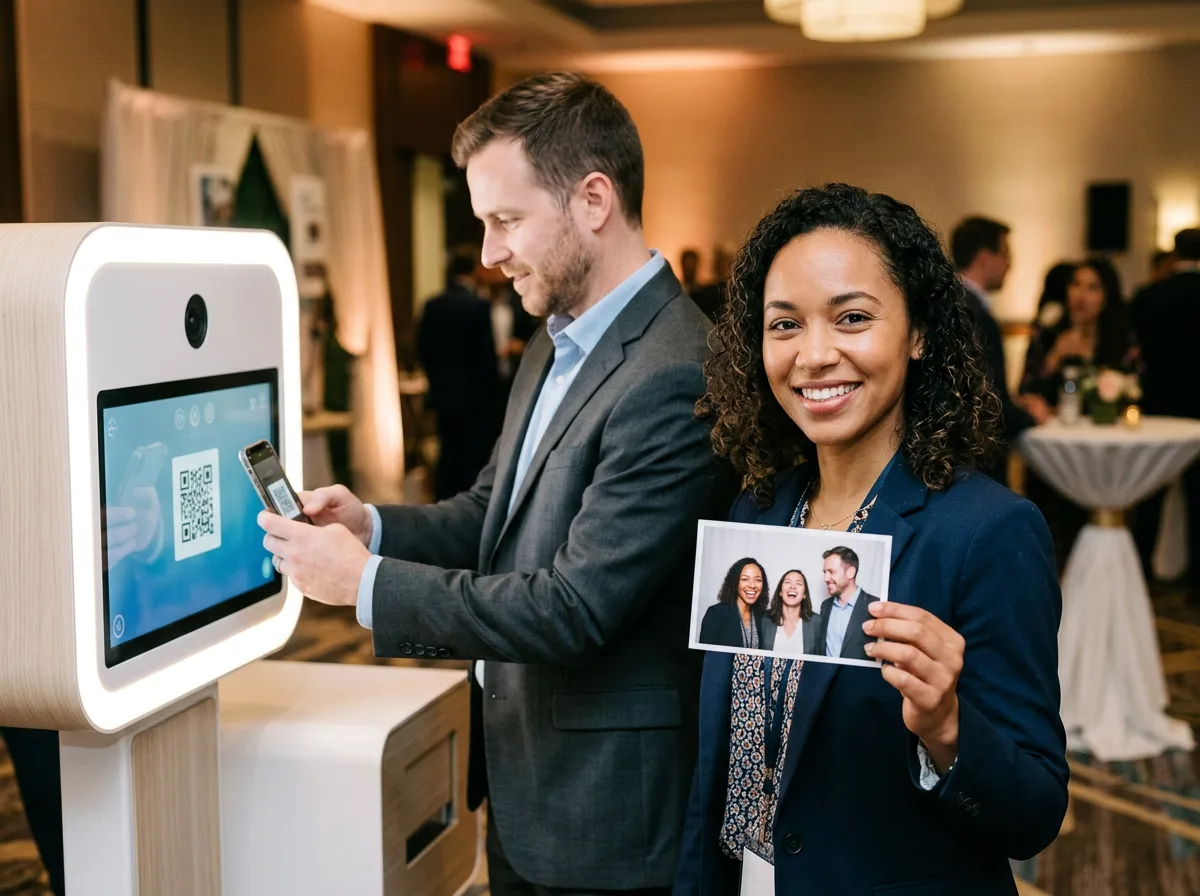 Guest holding a printed photo while a colleague scans a QR code on the booth screen